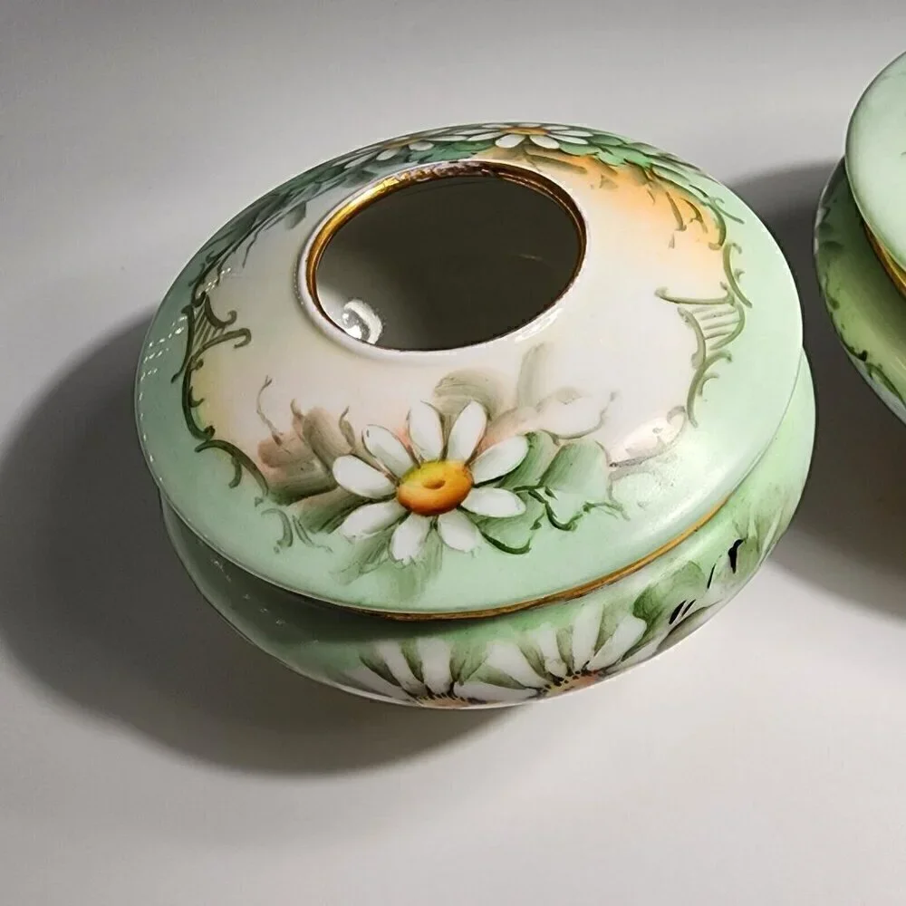 Antique Austrian Birn Porcelain Daisy Decor Vanity Set Receiver and Powder Dish
